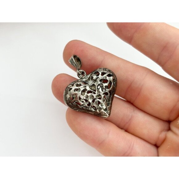 Sterling Silver 3D Cutout FIligree Vintage Heart Shaped Large Pendant | Charm - Picture 6 of 10